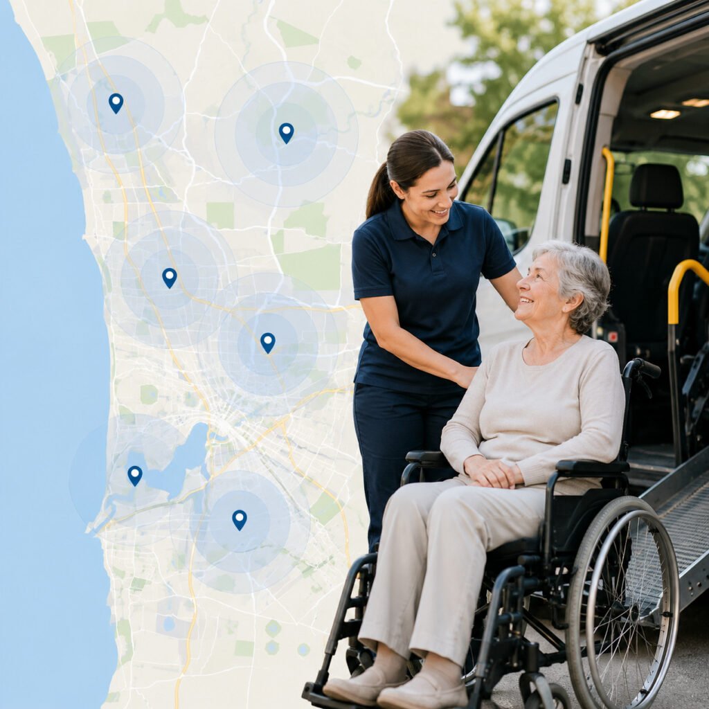 Support worker helping a wheelchair user beside an accessible vehicle.
