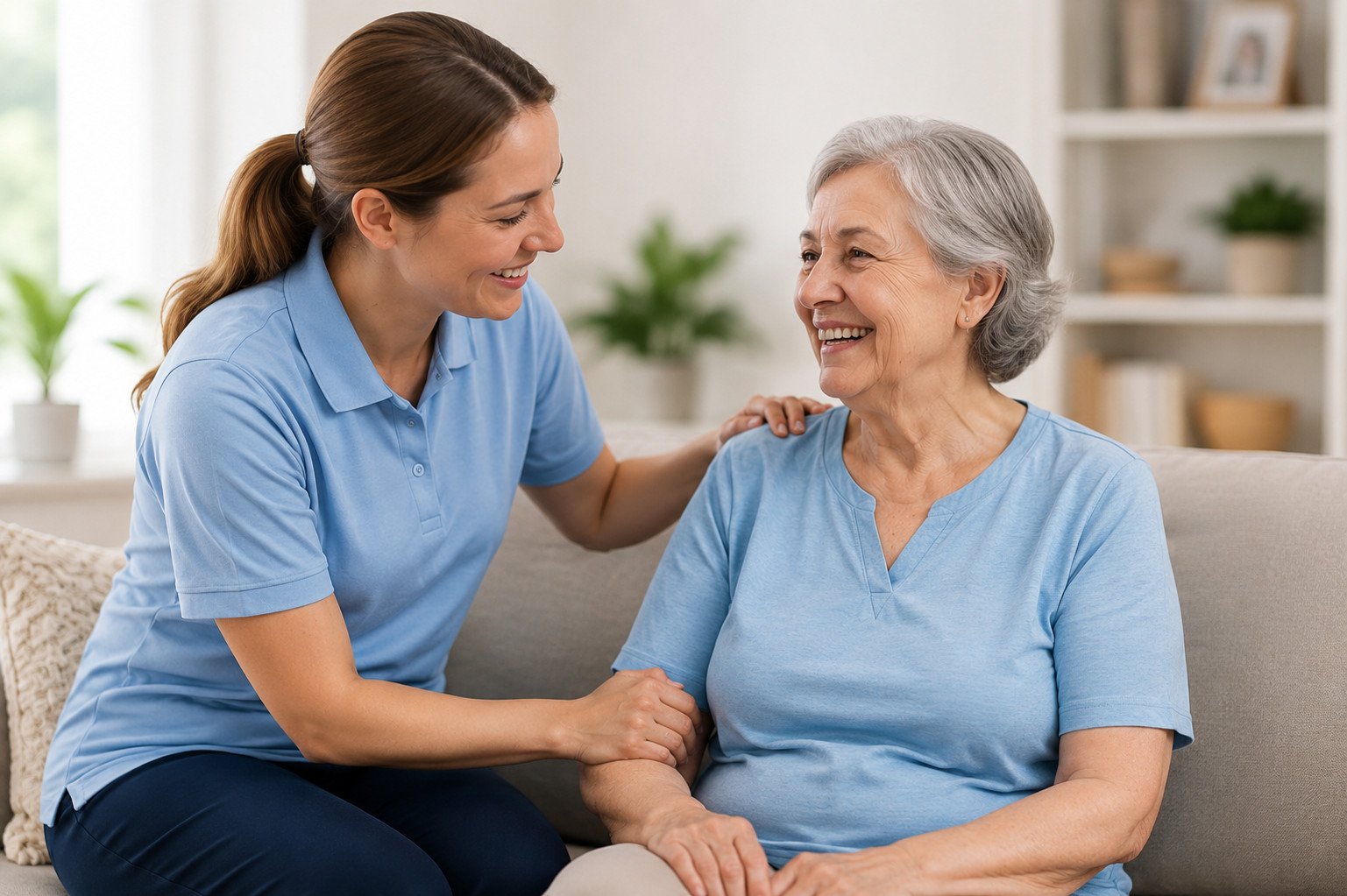 Support worker talking with an elderly participant at home.