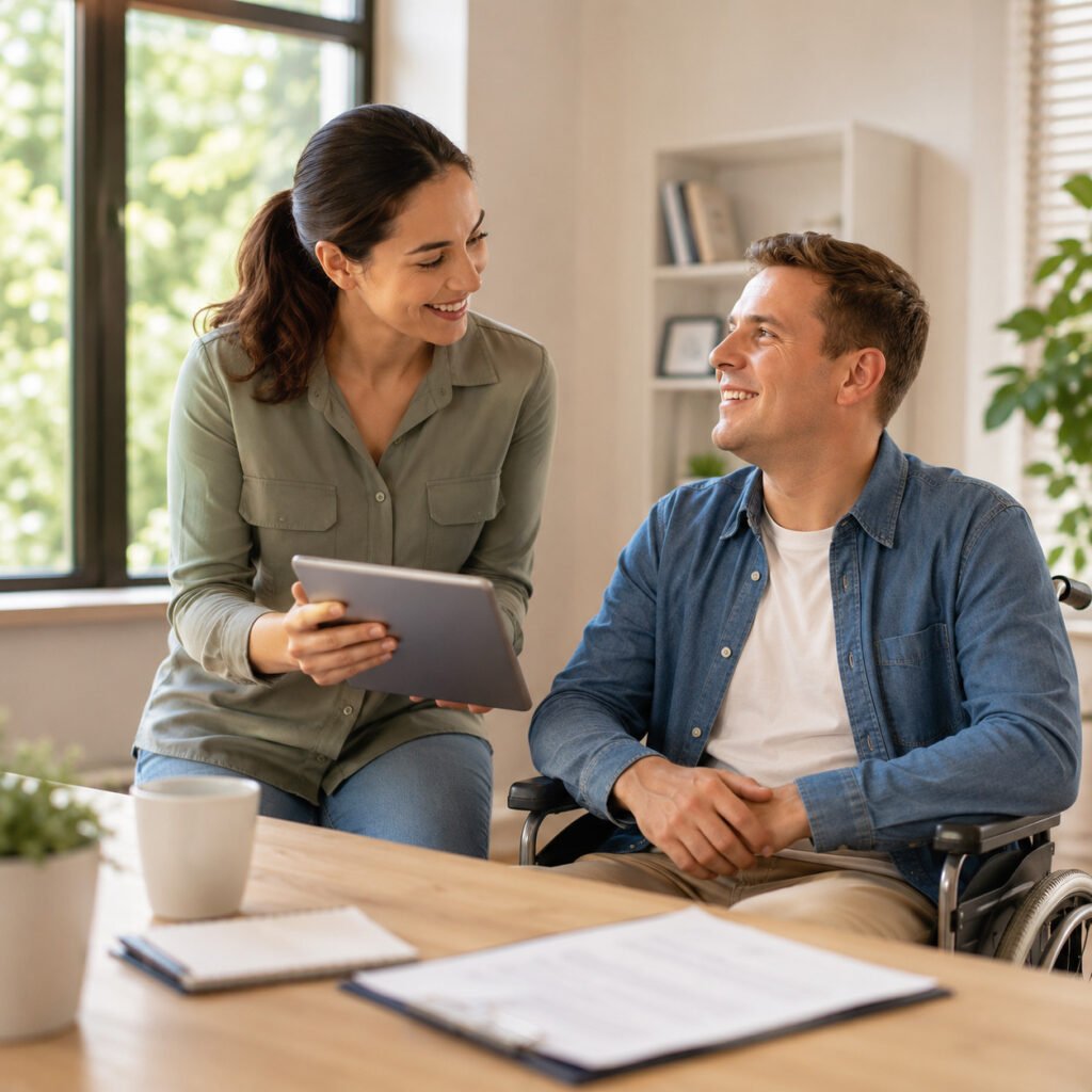 Support worker talking with a male participant during an in-home visit.