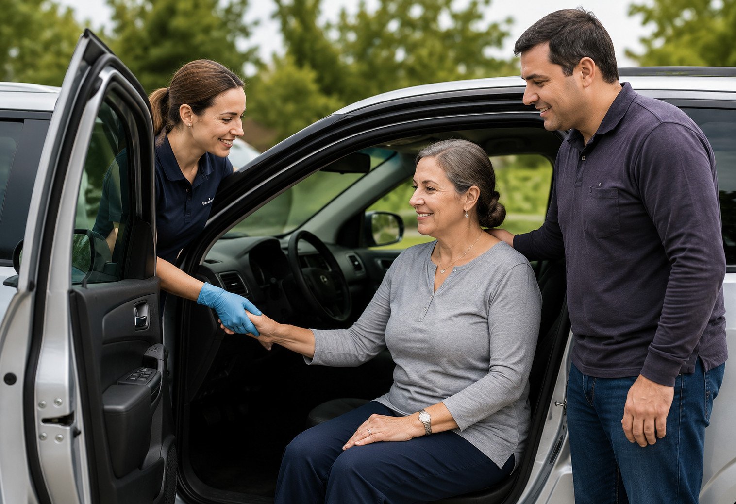 Support worker helping a participant into a vehicle.