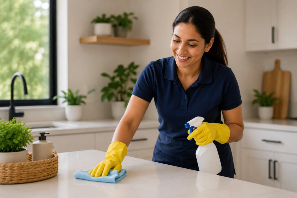 Domestic worker cleaning a kitchen with a cloth and cleaning spray.